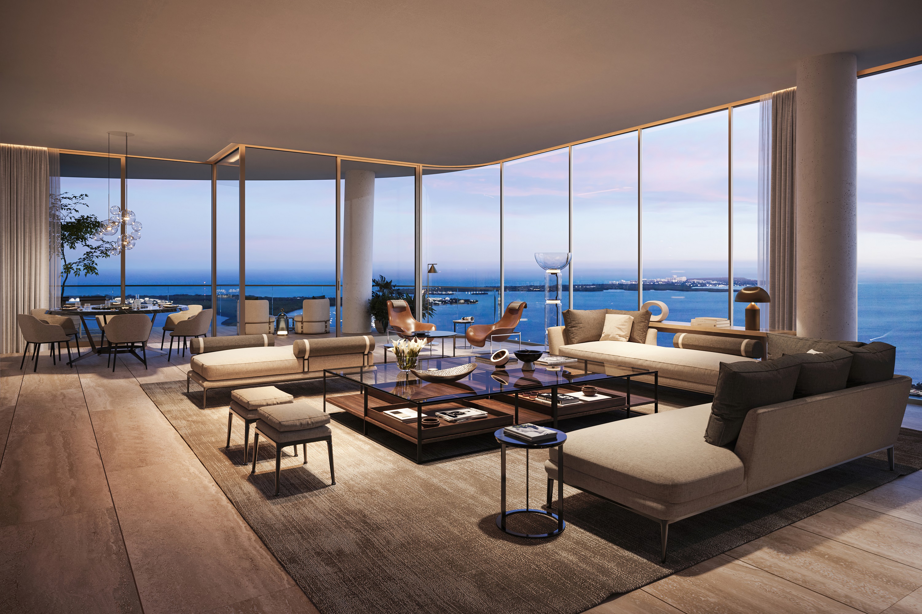 1428 Brickell residence living room at dusk